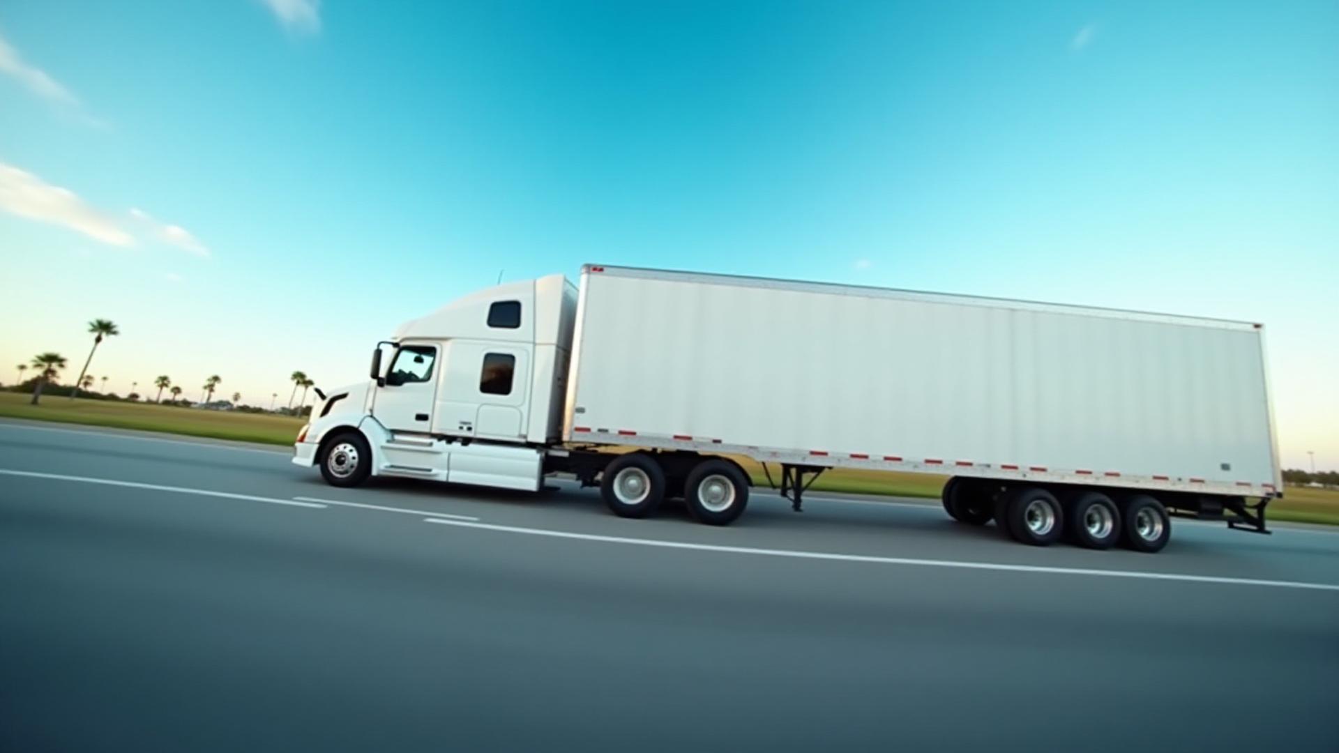 Desir Quest Logistics freight truck driving on an open Florida highway under a clear blue sky