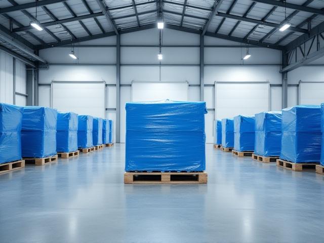 Neatly organized pallets of various sizes arranged in a clean warehouse for LTL shipping consolidation