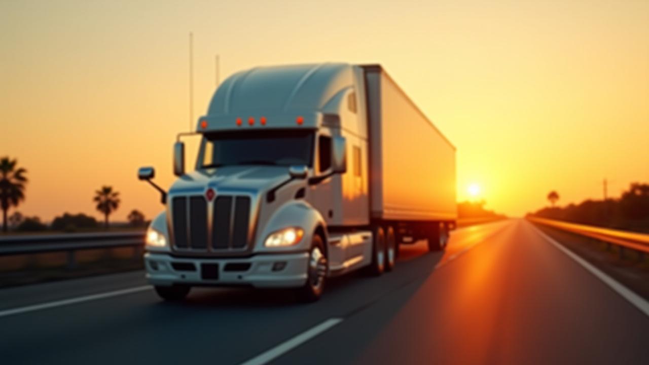 Desir Quest Logistics freight truck moving efficiently on Florida highway at sunrise