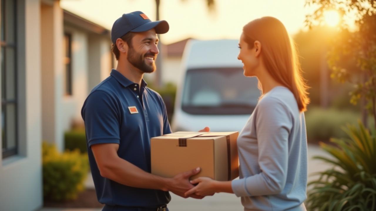 Professional Desir Quest delivery driver handing a package to a satisfied customer in Clermont