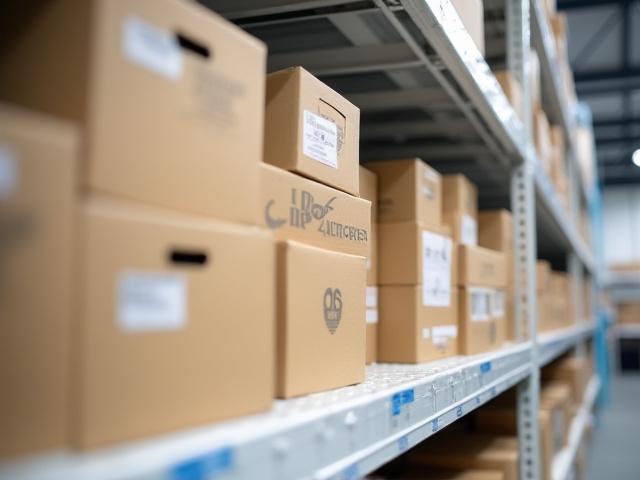 Stacked apparel boxes in an organized logistics facility.