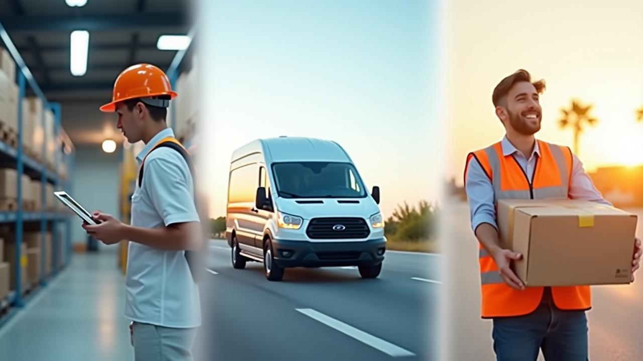 Omnichannel fulfillment center with integrated shipping operations and delivery vehicles.