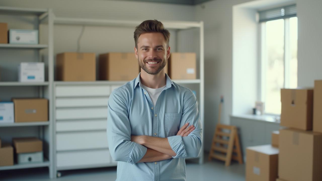 Successful small business owner in Clermont workspace with organized inventory