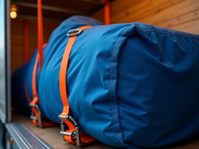 Close-up of high-value equipment securely blanket-wrapped and strapped for safe transport