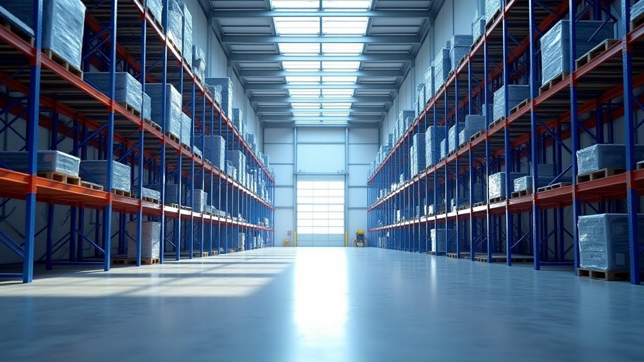 Modern, high-ceiling warehouse in Central Florida with organized inventory racks